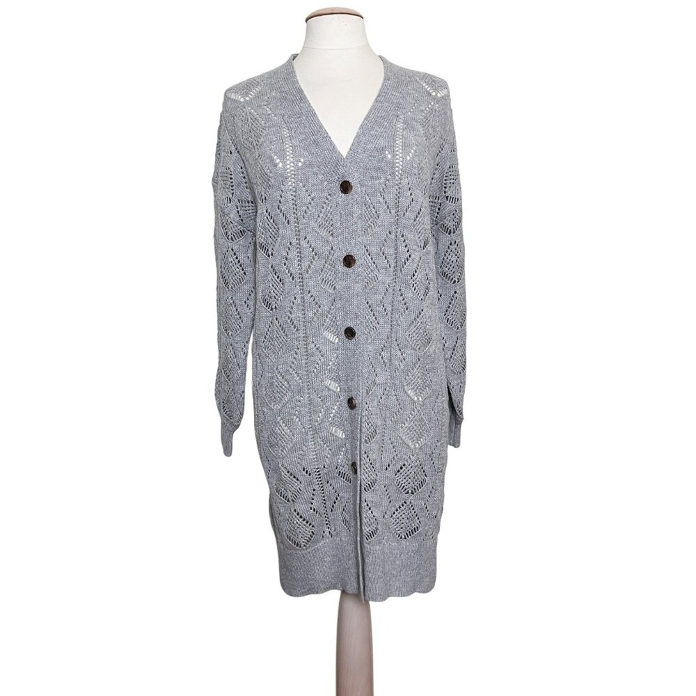 Grace Karin Womens L Longline Gray Openwork Cardigan Sweater Button Up‎ Duster